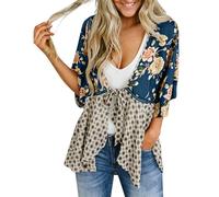 CGGMVCG Womens Floral Kimono Cardigan Summer Beach Cover Up Tie Front Chiffon Blouse Boho Casual Cape Shrug Shawl Lightweight Holiday Jackets, Dark Blue, 3XL