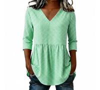 CGGMVCG Womens Gingham Check Tops V Neck 3/4 Sleeve Peplum Blouse Ladies Smock Top Plaid Tunic Shirt Summer Casual Empire Waist Flared Hem Holiday Blouses Loose Fit, Green, S