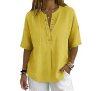 CGGMVCG Women's Linen Shirts Short Sleeve Henley V Neck Tops Ladies Casual Button Down Blouse Loose Fit Tunic Summer Holiday Plain Top (Yellow, L)