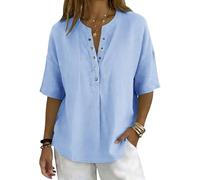 CGGMVCG Women's Linen Shirts Short Sleeve Henley V Neck Tops Ladies Casual Button Down Blouse Loose Fit Tunic Summer Holiday Plain Top (Light Blue, S)