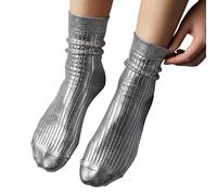 CGGMVCG Women's Metallic Silk Sock, Elegant Luxury Shiny Foil Glitter Ribbed Crew Socks for Party or Daily Wear, Soft Breathable Comfort Silky (Silver, One Size)