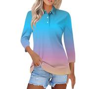 CGGMVCG Womens Polo Shirt Loose Fit Three Quarter Length Summer Ombre Basic Shirts Women's Three Quarter Sleeve Tops (Z02 Blue, XXL)
