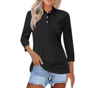CGGMVCG Womens Polo Shirt Loose Fit Three Quarter Length Summer Solid Color Basic Shirts Women's Three Quarter Sleeve Tops (Black, XL)