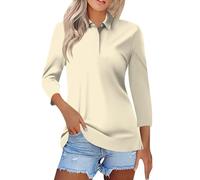 CGGMVCG Womens Polo Shirt Loose Fit Three Quarter Length Summer Solid Color Basic Shirts Women's Three Quarter Sleeve Tops (Beige, M)