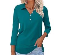 CGGMVCG Women's Polo Shirts 3/4 Sleeve Top V Neck Shirts Casual Basic Tees Blouse Women's Summer Tops Loose Fit (Teal Blue, XXL)