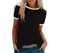 CGGMVCG Womens Short Sleeve T Shirt Ringer Tees Solid Color Crew Neck Loose Fashion Casual Tops Women Trendy (Black, 3XL)