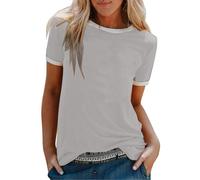 CGGMVCG Womens Short Sleeve T Shirt Ringer Tees Solid Color Crew Neck Loose Fashion Casual Tops Women Trendy (Grey, S)