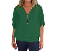 CGGMVCG Womens Short Sleeve Tshirt Chiffon Zipper Neck Casual Top Bat Sleeve Loose Loose Fitting Tops for Women (Green, L)