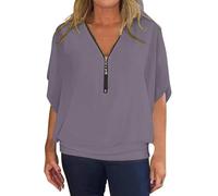 CGGMVCG Womens Short Sleeve Tshirt Chiffon Zipper Neck Casual Top Bat Sleeve Loose Loose Fitting Tops for Women (Grey, L)