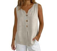CGGMVCG Women's Summer Linen Vest Ladies Casual Buttons V Neck Sleeveless Tops Loose Fit Blouse Lightweight Tunic Tanks (Beige, M)