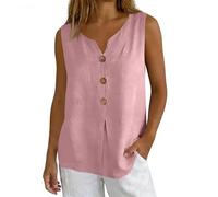 CGGMVCG Women's Summer Linen Vest Ladies Casual Buttons V Neck Sleeveless Tops Loose Fit Blouse Lightweight Tunic Tanks (Pink, L)