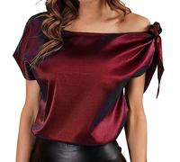 CGGMVCG Womens Summer Tops Womens Off Shoulder Silk Tops Casual Short Sleeve Asymmetrical Neck Satin Blouse Womens Tshirts, Red, L