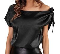 CGGMVCG Womens Summer Tops Womens Off Shoulder Silk Tops Casual Short Sleeve Asymmetrical Neck Satin Blouse Womens Tshirts, Black, S