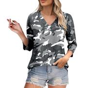 CGGMVCG Women's T-Shirts 3/4 Sleeve Camouflage V Neck Loose T Shirt Summer Women's Casual Tops (Black, M)