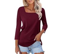 CGGMVCG Womens T Shirts Fashion Casual Solid Color Square Neck Three Quarter Sleeve Womens Tops Summer 2025 (Wine, L)