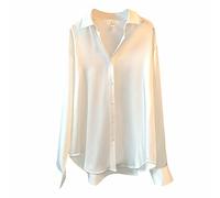 CGGMVCG Womens Tops Summer Casual Loose Button Down Shirts Long Sleeve Solid Color Silk Satin Blouse Shirt for Women, White, XXL