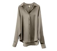 CGGMVCG Womens Tops Summer Casual Loose Button Down Shirts Long Sleeve Solid Color Silk Satin Blouse Shirt for Women (Grey, XL)