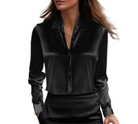 CGGMVCG Womens Tops Summer Casual Loose Button Down Shirts Long Sleeve Solid Color Silk Satin Blouse Shirt for Women (Z02 Black, L)