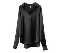 CGGMVCG Womens Tops Summer Casual Loose Button Down Shirts Long Sleeve Solid Color Silk Satin Blouse Shirt for Women (Black, XXXL)