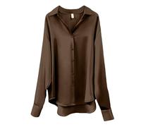 CGGMVCG Womens Tops Summer Casual Loose Button Down Shirts Long Sleeve Solid Color Silk Satin Blouse Shirt for Women (Brown, XL)