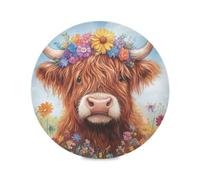 Cgiub 39x39 cm Round Placemats Set of 4 Highland Cow Flowers Heat Resistant Non-Slip Place Mats Washable Decorative Table Mats for Kitchen Dining Table Holiday Party