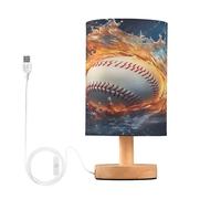 Cgiub Baseball in Fire Bedside Table Lamp for Bedroom LED Nightstand Lamp Desk Reading Light with Fabric Shade Wood Base & USB Port for Office Living Room Nursery Decor