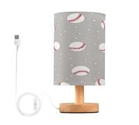 Cgiub Baseball Pattern Bedside Table Lamp for Bedroom LED Nightstand Lamp Desk Reading Light with Fabric Shade Wood Base & USB Port for Office Living Room Nursery Decor