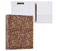 Cgiub Brown Carved Floral A4 Ring Binder with Clipboard, 3 Ring D Ring View Binder with Inner Pockets, PVC Waterproof Document Organiser Holds 200 Sheets for School, Office, Home, 1 Pack