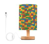 Cgiub Building Block Bedside Table Lamp for Bedroom LED Nightstand Lamp with Wood Base & USB Port Linen Shade Desk Light for Nursery Decor