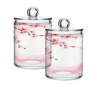 Cgiub Cherry Temple Qtip Holder with Lid 2 Pack Plastic Apothecary Jars 12 oz, Cotton Pad & Cotton Bud Holder, Bathroom Container Vanity Organiser for Cotton Wool, Floss Picks