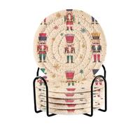 Cgiub Christmas Nutcracker Drink Coasters for Drinks with Holder 6 Pack Absorbent Cotton Drink Coasters Cup Coasters for Coffee Table Tabletop Protection, 3.9 inch