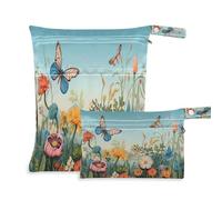Cgiub Colorful Flowers Butterfly Wet Dry Bags for Baby Cloth Diaper Reusable Wet Bags Waterproof Washable Travel Gym Daycare Organizer with Two Zippered Pockets & Handle for Swimsuit Clothes Toiletrie