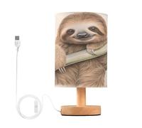 Cgiub Cute Sloth Bedside Table Lamp for Bedroom LED Nightstand Lamp Desk Reading Light with Fabric Shade Wood Base & USB Port for Office Living Room Nursery Decor