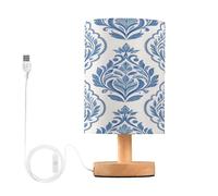 Cgiub Damascus Pattern Bedside Table Lamp for Bedroom LED Nightstand Lamp Desk Reading Light with Fabric Shade Wood Base & USB Port for Office Living Room Nursery Decor