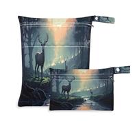 Cgiub Deer by The River Wet Dry Bags for Baby Cloth Diaper Reusable Wet Bags Waterproof Washable Travel Gym Daycare Organizer with Two Zippered Pockets & Handle for Swimsuit Clothes Toiletries