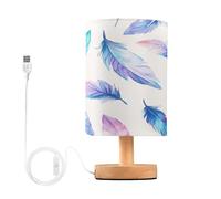 Cgiub Feathers Pattern Bedside Table Lamp for Bedroom LED Nightstand Lamp Desk Reading Light with Fabric Shade Wood Base & USB Port for Office Living Room Nursery Decor