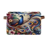 Cgiub Flower Peacock Storage Basket Foldable Canvas Fabric Storage Bin Waterproof Closet Organiser Dog Toy Basket Holiday Decorative Box with Handles for Bedroom Nursery Home