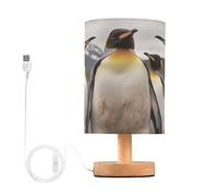 Cgiub Four King Penguins Bedside Table Lamp for Bedroom LED Nightstand Lamp Desk Reading Light with Fabric Shade Wood Base & USB Port for Office Living Room Nursery Decor