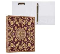 Cgiub Gold Floral Mandala A4 Ring Binder with Clipboard, 3 Ring D Ring View Binder with Inner Pockets, PVC Waterproof Document Organiser Holds 200 Sheets for School, Office, Home, 1 Pack