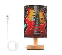 Cgiub Guitar Bedside Table Lamp for Bedroom LED Nightstand Lamp Desk Reading Light with Fabric Shade Wood Base & USB Port for Office Living Room Nursery Decor