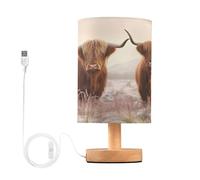 Cgiub Highland Cow Bedside Table Lamp LED Nightstand Lamp Desk Reading Lamp with Fabric Shade Wood Base & USB Port for Bedroom Kids Room Living Room Office