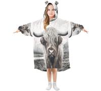 Cgiub Highland Cow Wearable Blanket Hoodie for Kids Warm Cozy Oversized Hooded Sweatshirt Blanket with Pocket