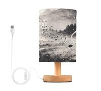 Cgiub Music Notes Bedside Table Lamp for Bedroom LED Nightstand Lamp with Wood Base & USB Port Linen Shade Desk Light for Nursery Decor