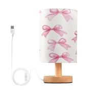 Cgiub Pink Bow Bedside Table Lamp for Bedroom LED Nightstand Lamp Desk Reading Light with Fabric Shade Wood Base & USB Port for Office Living Room Nursery Decor