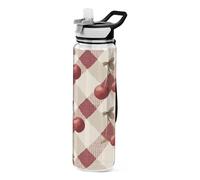 Cgiub Red Checkered with Cherries Sports Water Bottle with Leak Proof Straw Lid 1000 ML BPA-Free Reusable Tritan Plastic Water Bottle for School Outdoor Sports and Travel