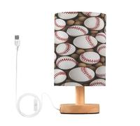 Cgiub Smooth Baseballs Bedside Table Lamp for Bedroom LED Nightstand Lamp Desk Reading Light with Fabric Shade Wood Base & USB Port for Office Living Room Nursery Decor