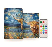 Cgiub Starry Night Highland Cow Flameless Candles 2 PCS LED Candles Battery Operated Flickering Pillar Candles with Remote and Timer for Holiday Party Wedding Home Decor