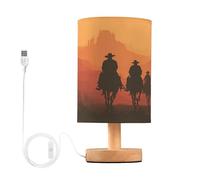 Cgiub Western Cowboys Bedside Table Lamp for Bedroom LED Nightstand Lamp Desk Reading Light with Fabric Shade Wood Base & USB Port for Office Living Room Nursery Decor