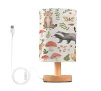 Cgiub Woodland Animals Bedside Table Lamp for Bedroom LED Nightstand Lamp with Wood Base & USB Port Linen Shade Desk Light for Nursery Decor