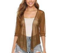 CGLHTATD Cropped Cardigan Chiffon Bolero Cardigans for Women Ladies 3/4 Sleeve Shrugs Shawl Open Front Lightweight Cropped Cover-Up Tops Evening Wedding Occasion Jacket Dark Brown M